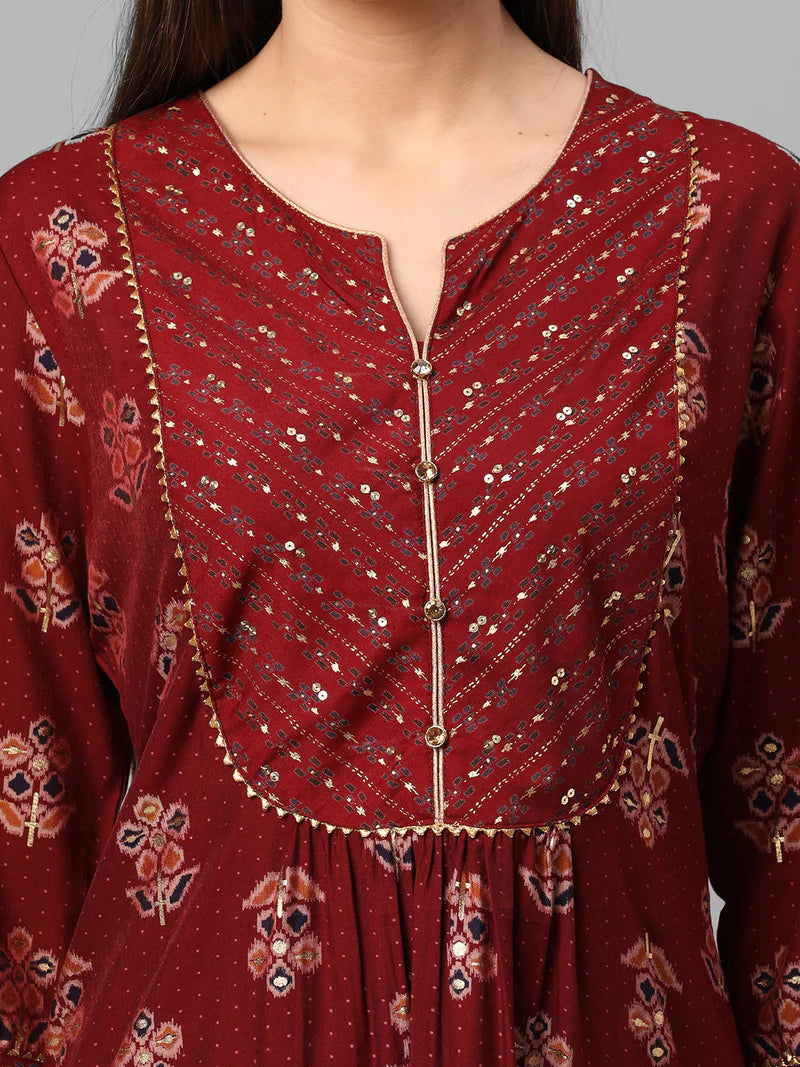 Red Floral Printed Kurta with Trouser Set
