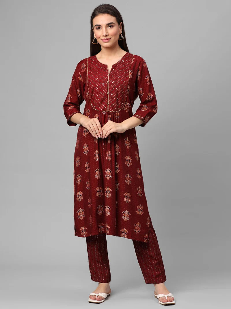 Red Floral Printed Kurta with Trouser Set