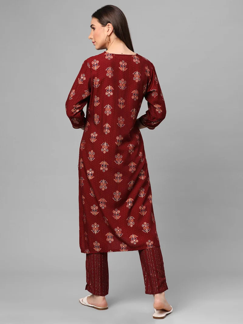 Red Floral Printed Kurta with Trouser Set
