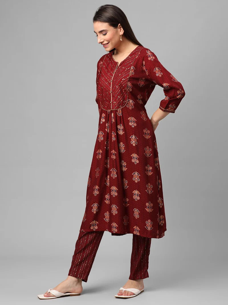 Red Floral Printed Kurta with Trouser Set
