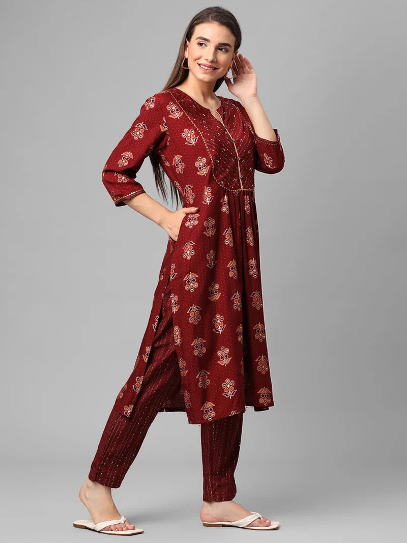 Red Floral Printed Kurta with Trouser Set