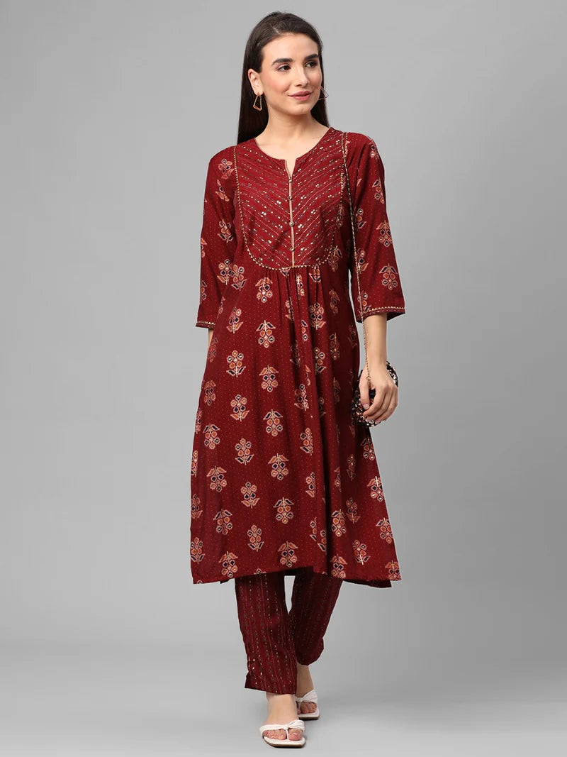 Red Floral Printed Kurta with Trouser Set