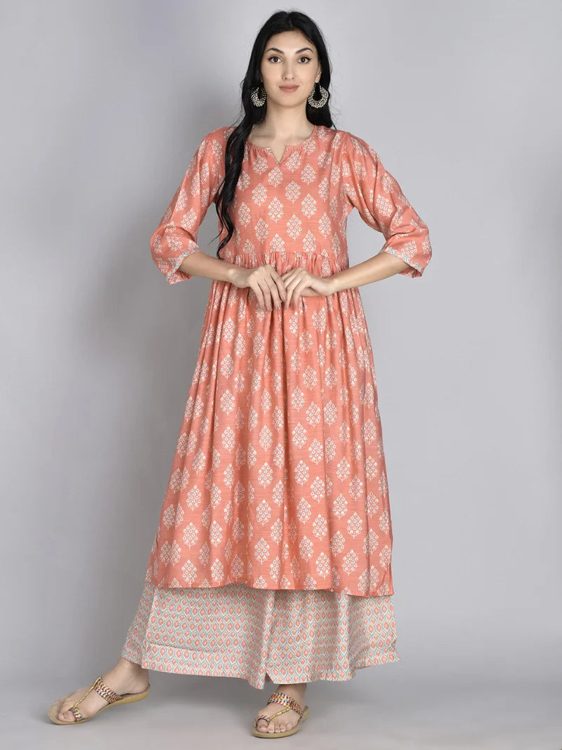 Pink Floral Muslin Kurta Set with Wide-Leg Pants