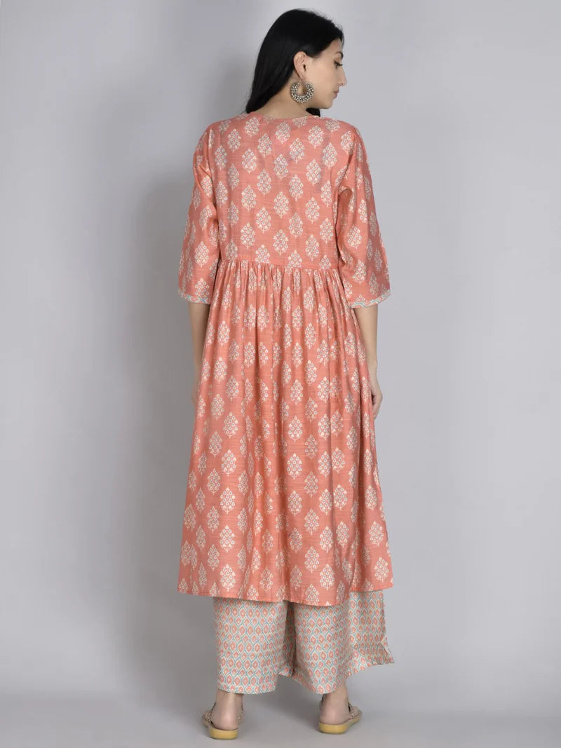 Pink Floral Muslin Kurta Set with Wide-Leg Pants