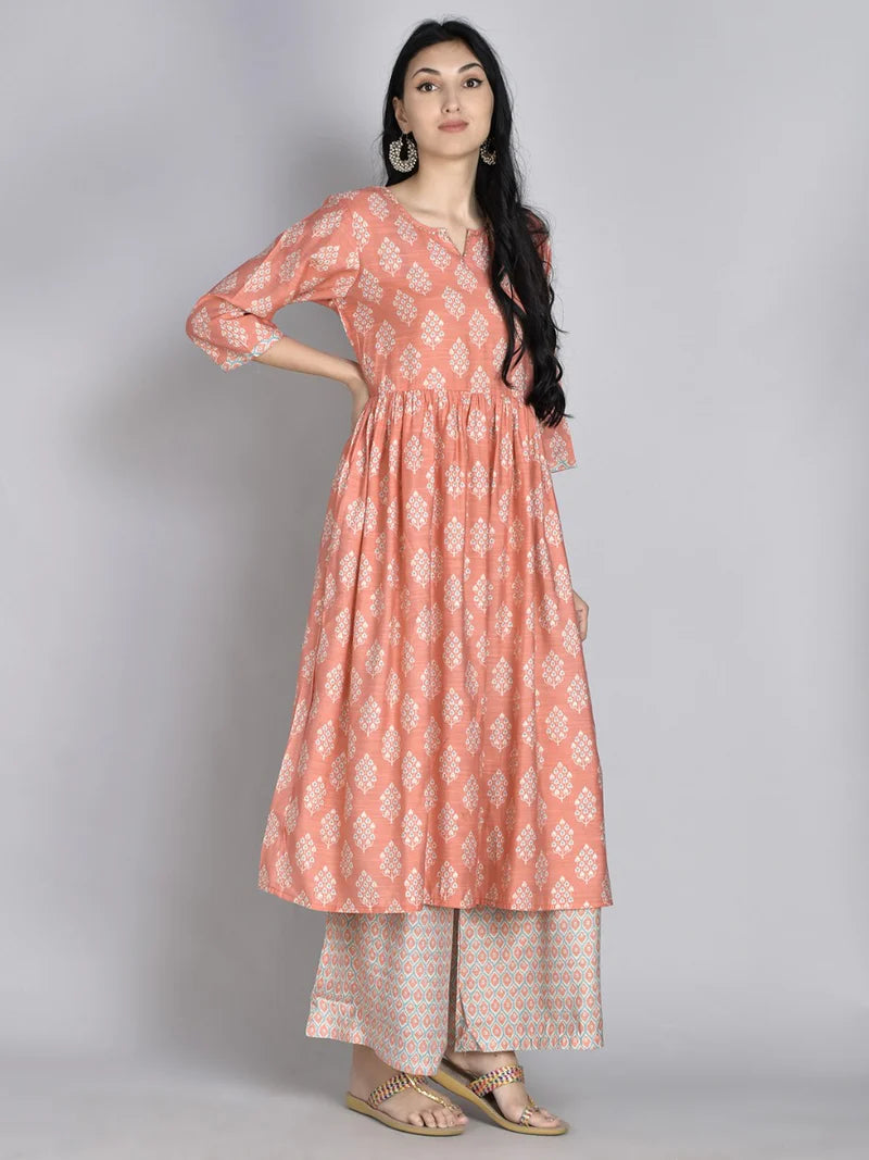 Pink Floral Muslin Kurta Set with Wide-Leg Pants