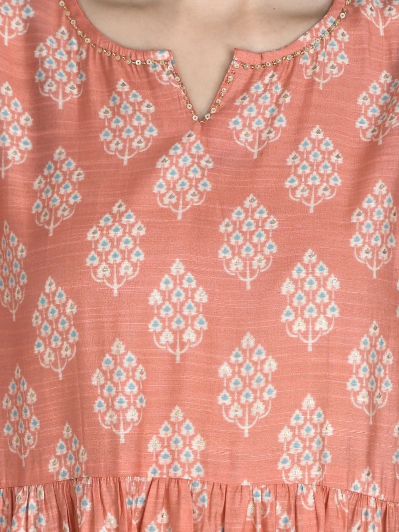 Pink Floral Muslin Kurta Set with Wide-Leg Pants