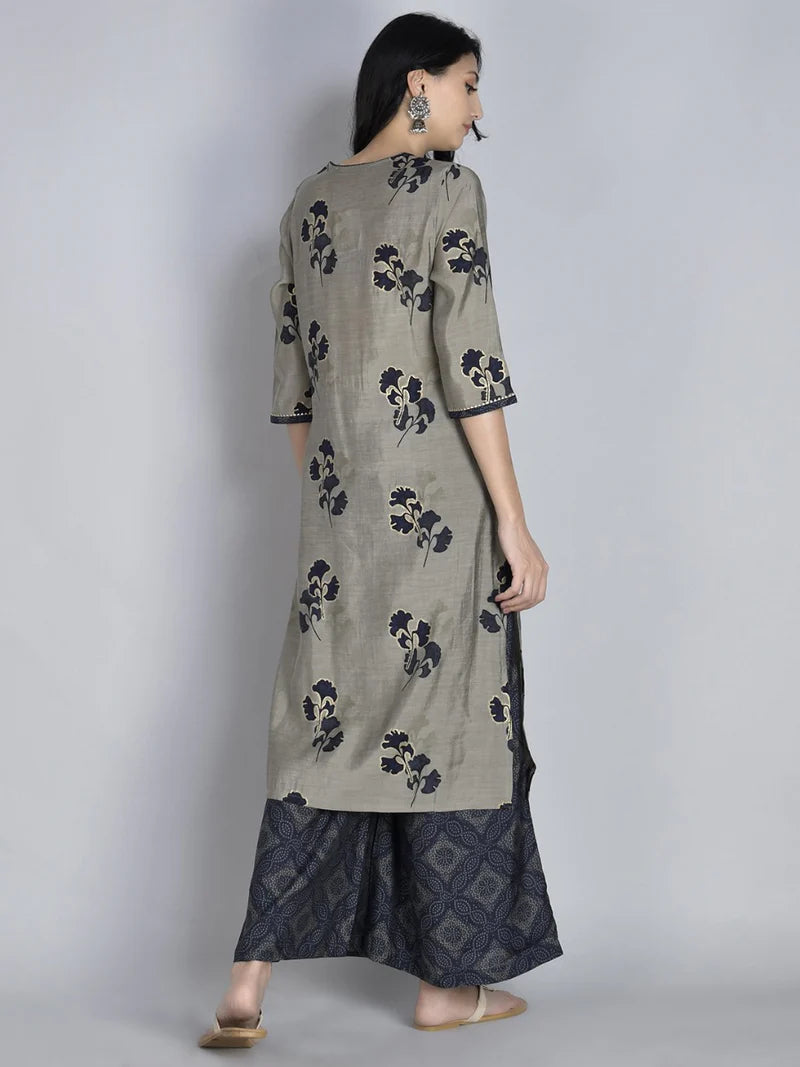 Grey & Navy Blue Floral Kurta with Trousers