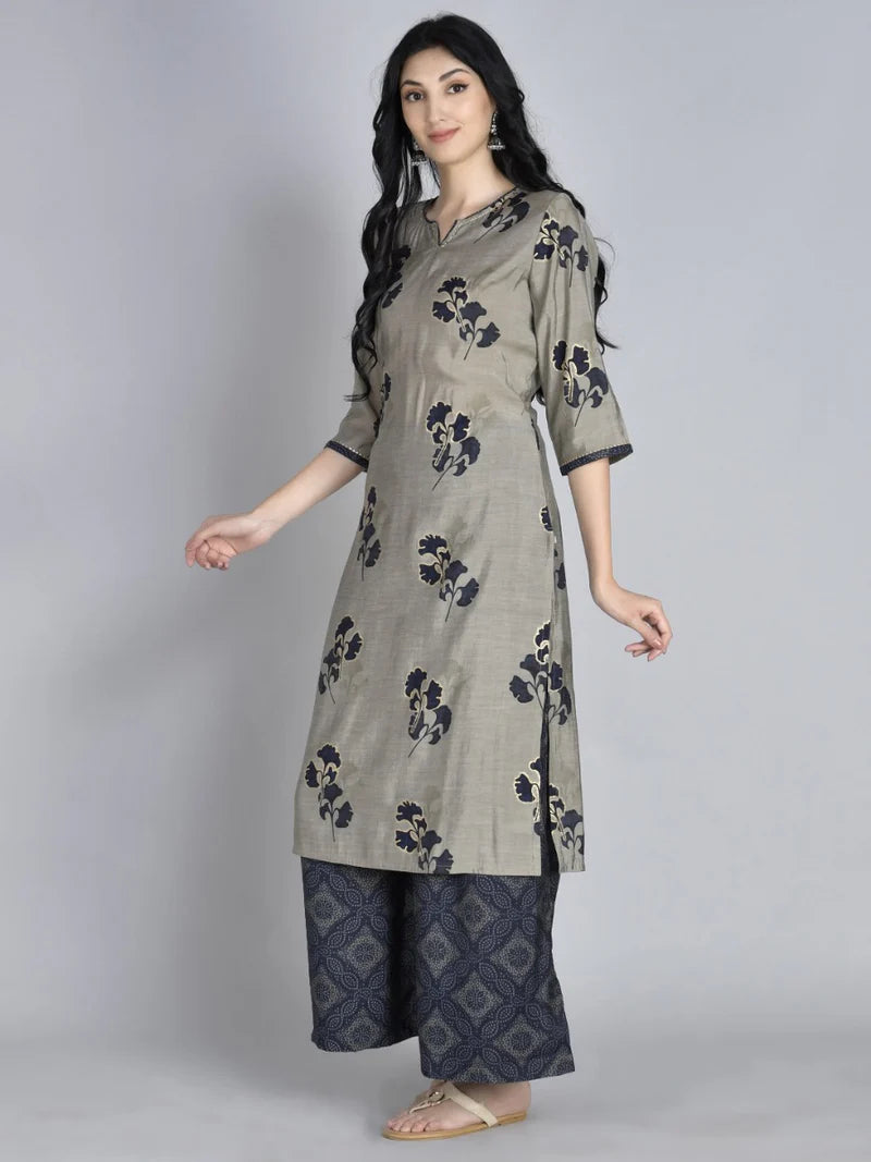 Grey & Navy Blue Floral Kurta with Trousers