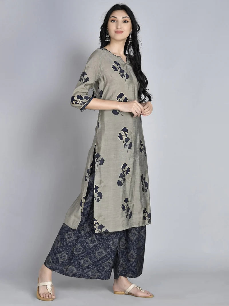 Grey & Navy Blue Floral Kurta with Trousers