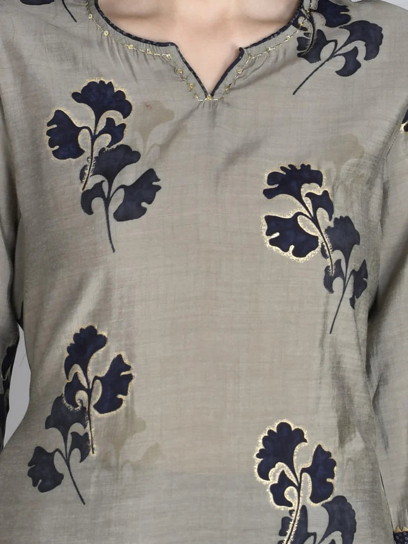 Grey & Navy Blue Floral Kurta with Trousers