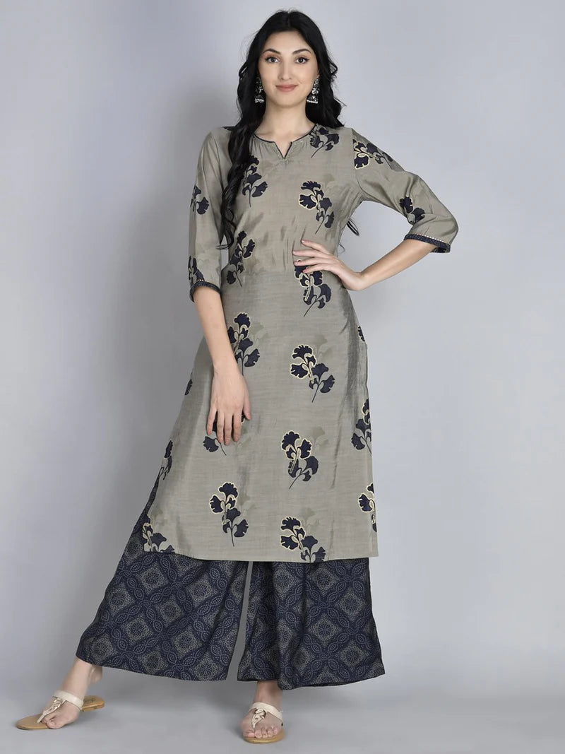 Grey & Navy Blue Floral Kurta with Trousers