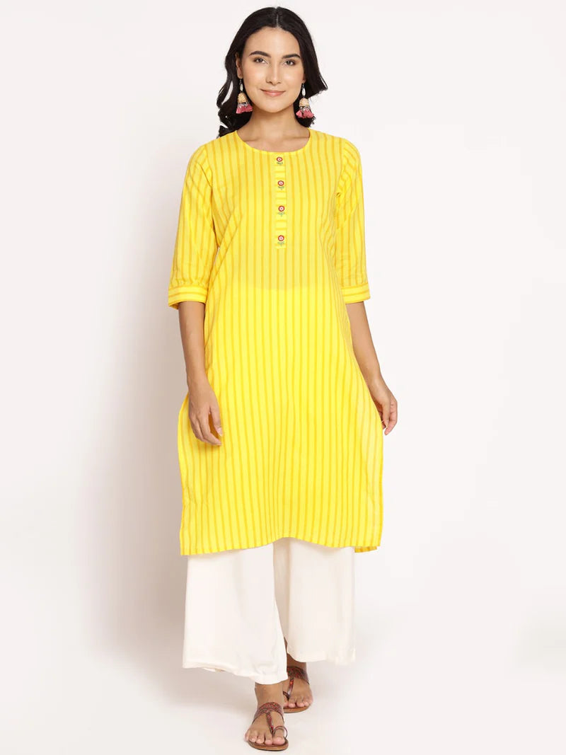 Saanvi Yellow Striped Cotton Kurta