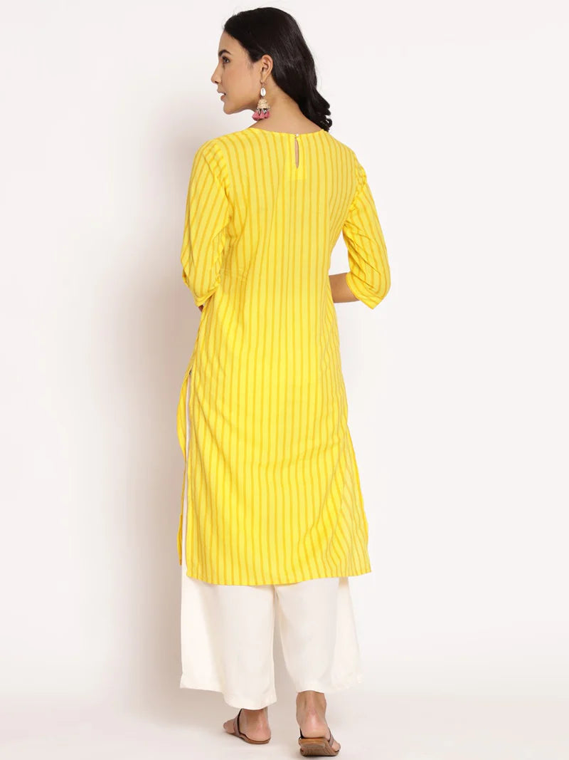 Saanvi Yellow Striped Cotton Kurta