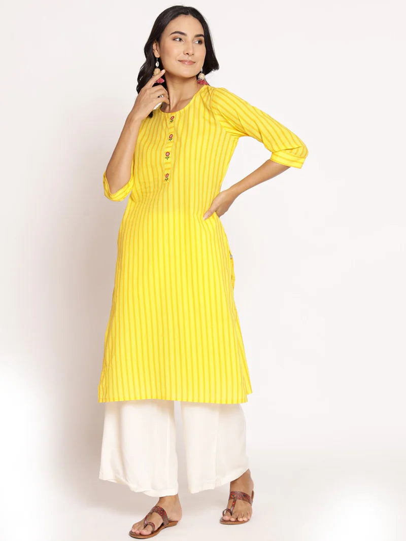 Saanvi Yellow Striped Cotton Kurta