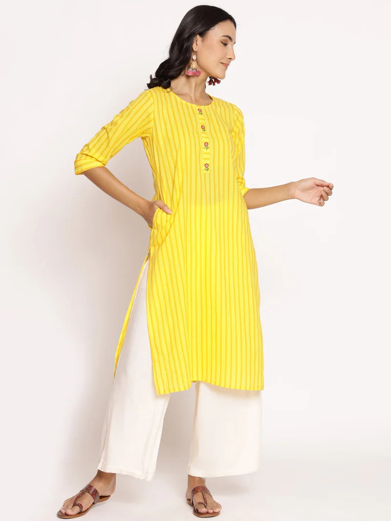 Saanvi Yellow Striped Cotton Kurta