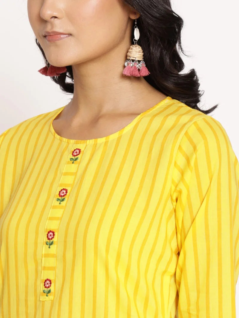 Saanvi Yellow Striped Cotton Kurta