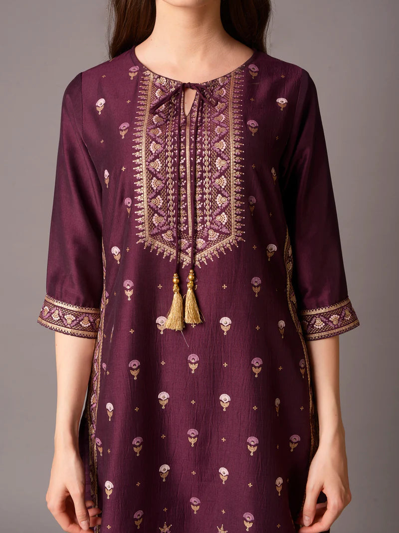 Purple Ornamental Print Kurta with Comfort Pants