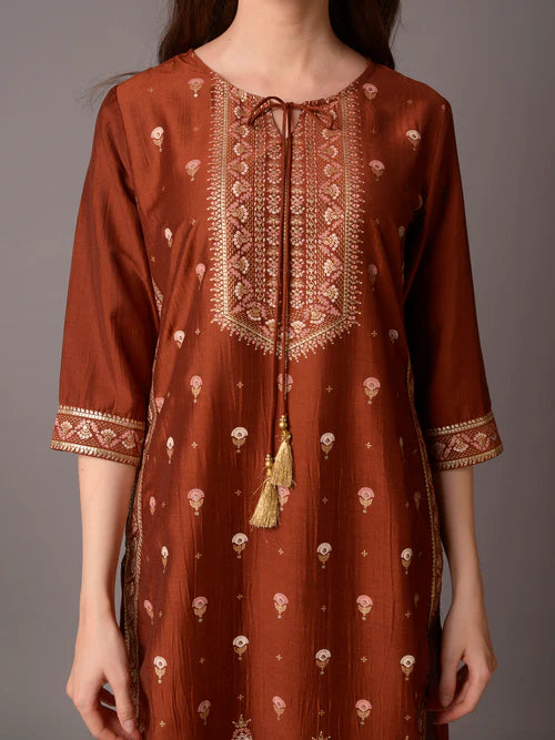 Rust Ornamental Printed Kurta with Comfort Pants