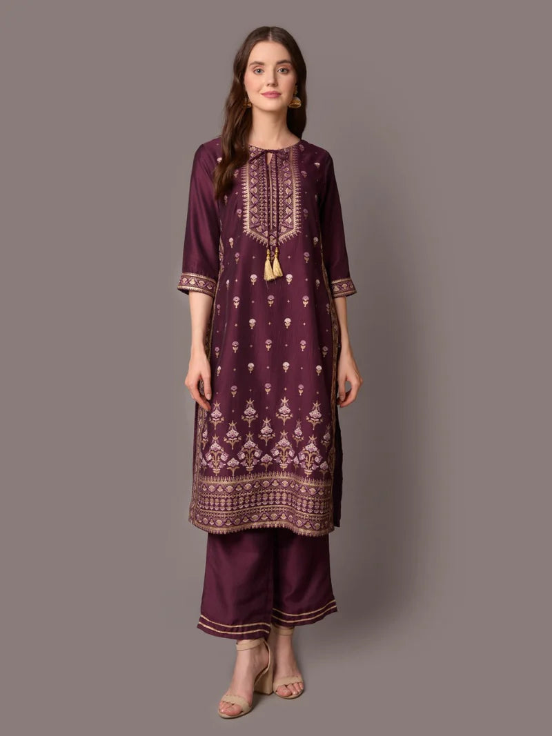 Purple Ornamental Print Kurta with Comfort Pants