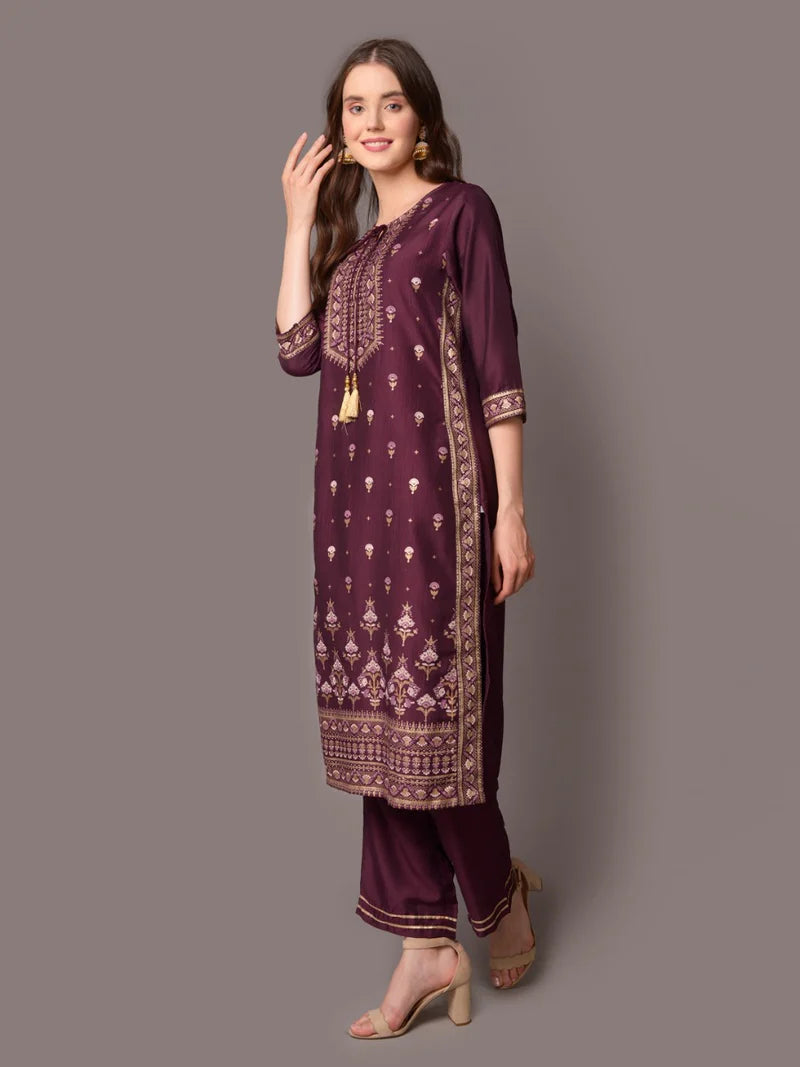 Purple Ornamental Print Kurta with Comfort Pants