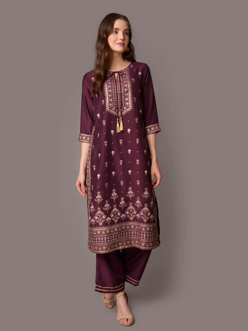 Purple Ornamental Print Kurta with Comfort Pants