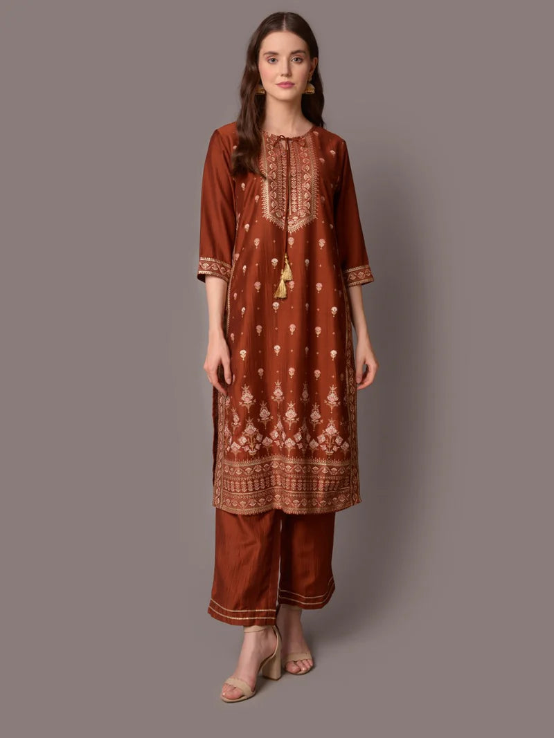 Rust Ornamental Printed Kurta with Comfort Pants