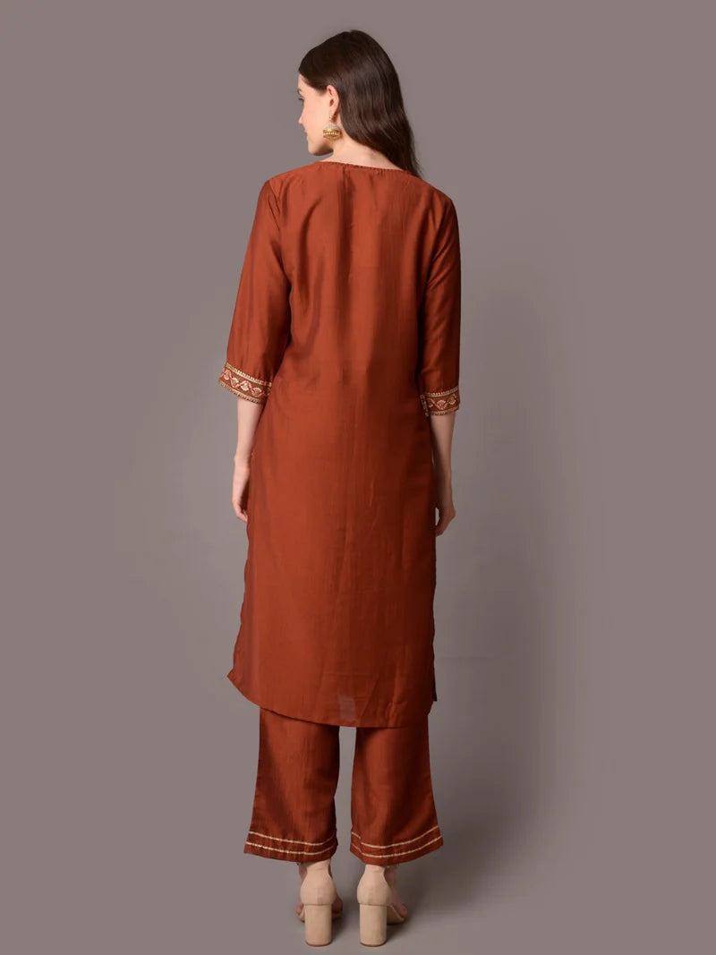 Rust Ornamental Printed Kurta with Comfort Pants