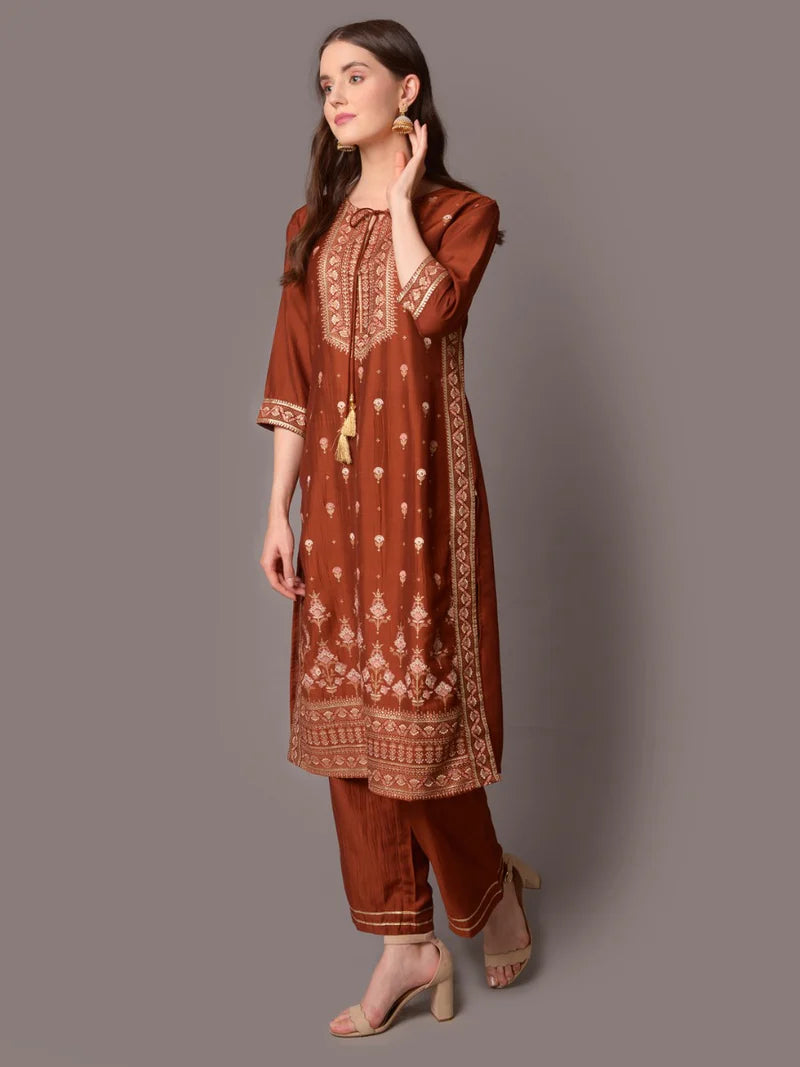Rust Ornamental Printed Kurta with Comfort Pants