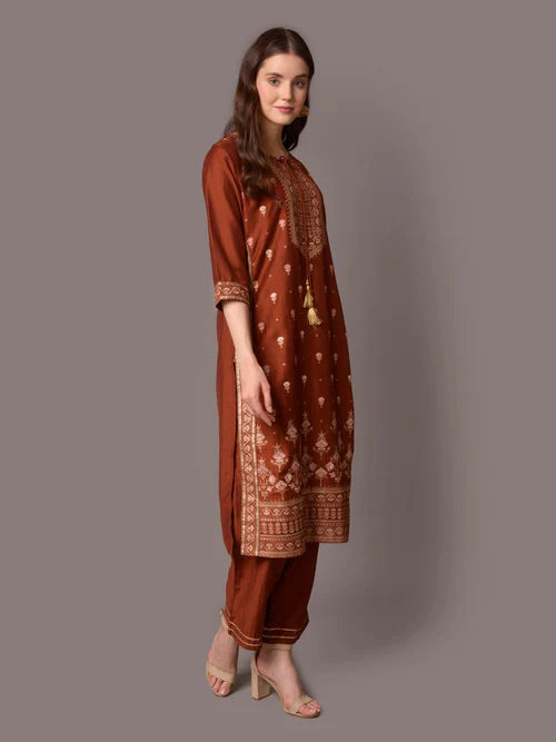 Rust Ornamental Printed Kurta with Comfort Pants