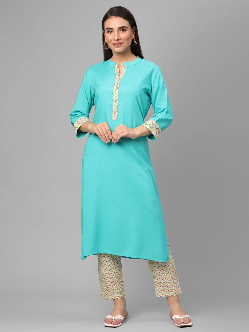 Sky Blue Solid Kurta with Trouser Set