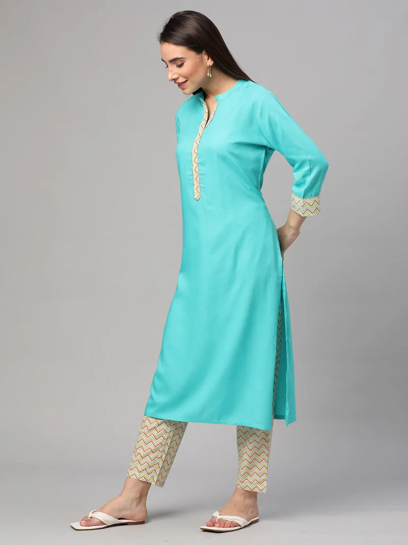 Sky Blue Solid Kurta with Trouser Set