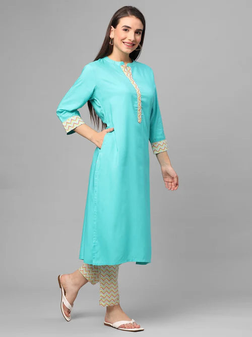 Sky Blue Solid Kurta with Trouser Set