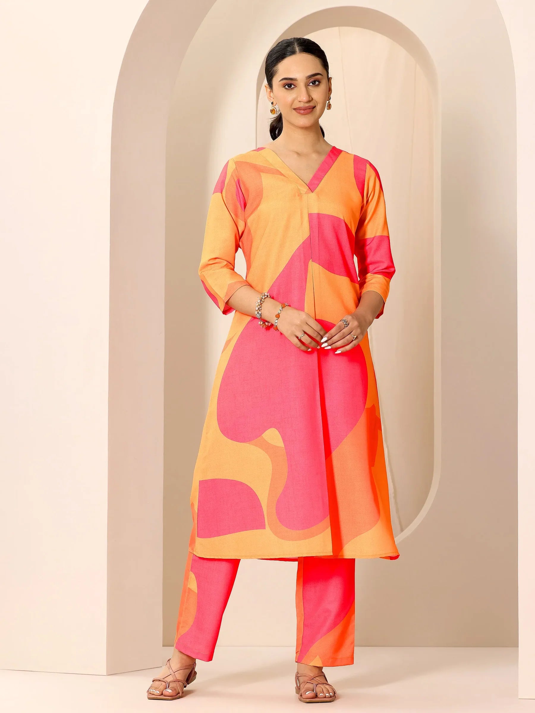 Nayra Orange-Pink Printed Kurta Set