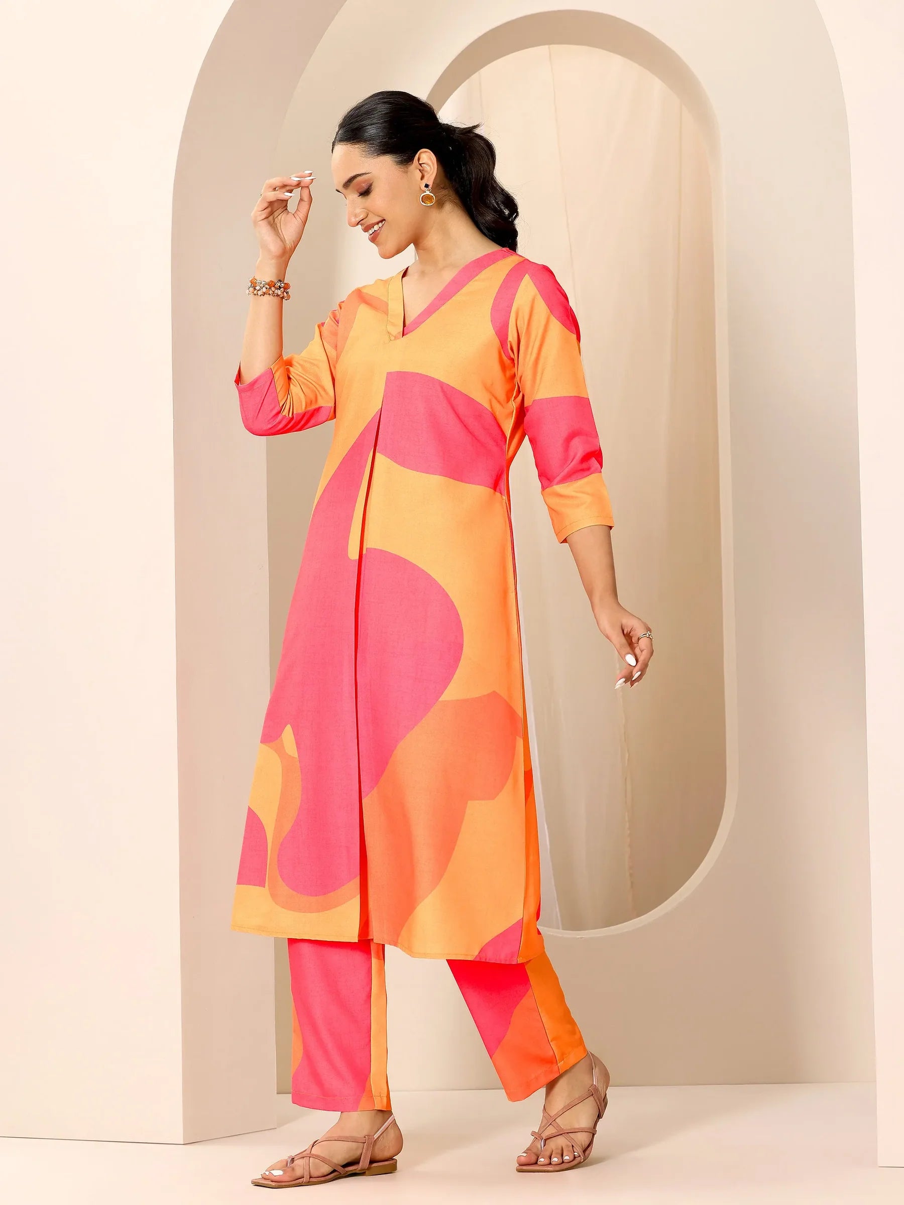 Nayra Orange-Pink Printed Kurta Set