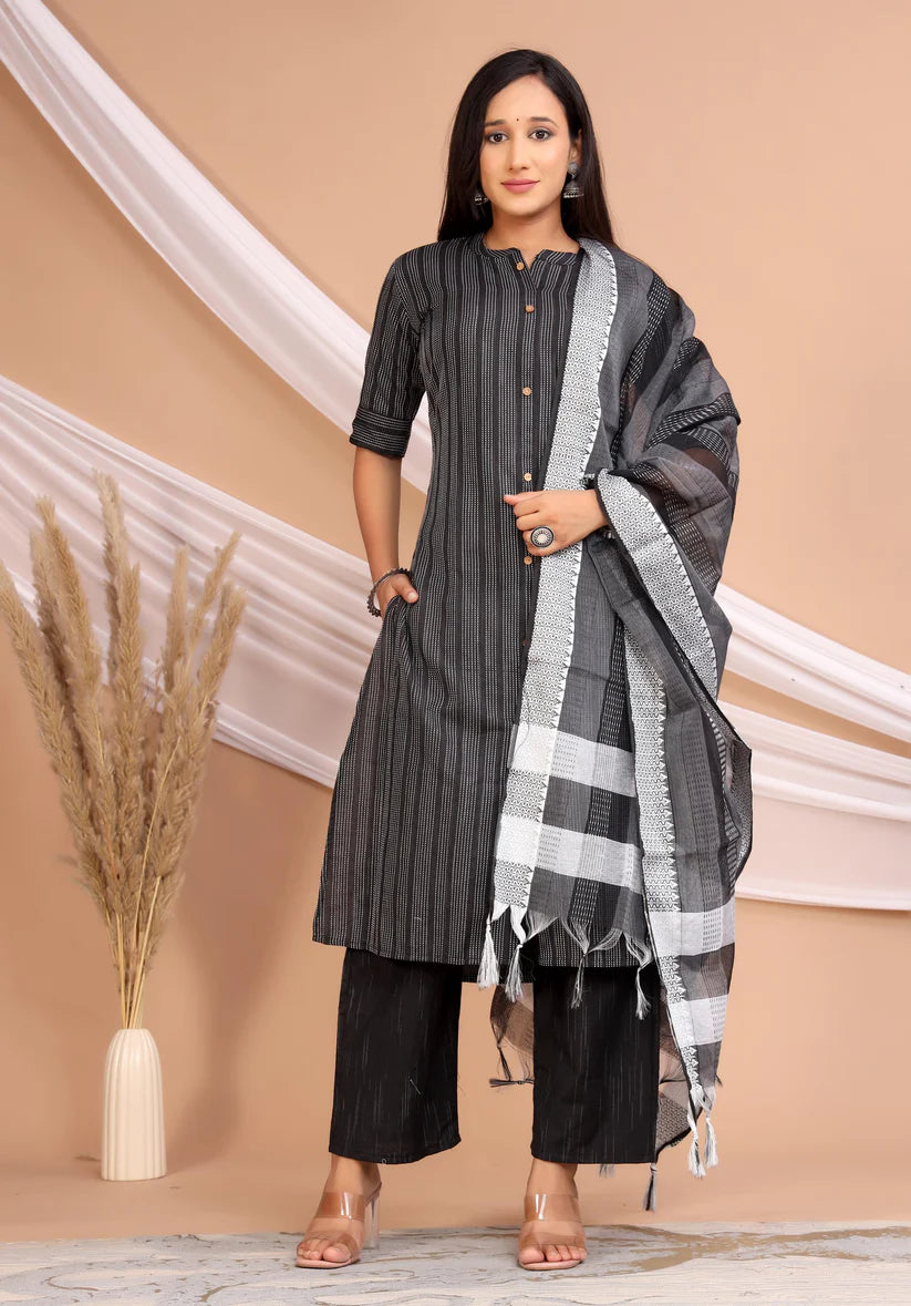 Black Cotton Kurta Set with Woven Dupatta