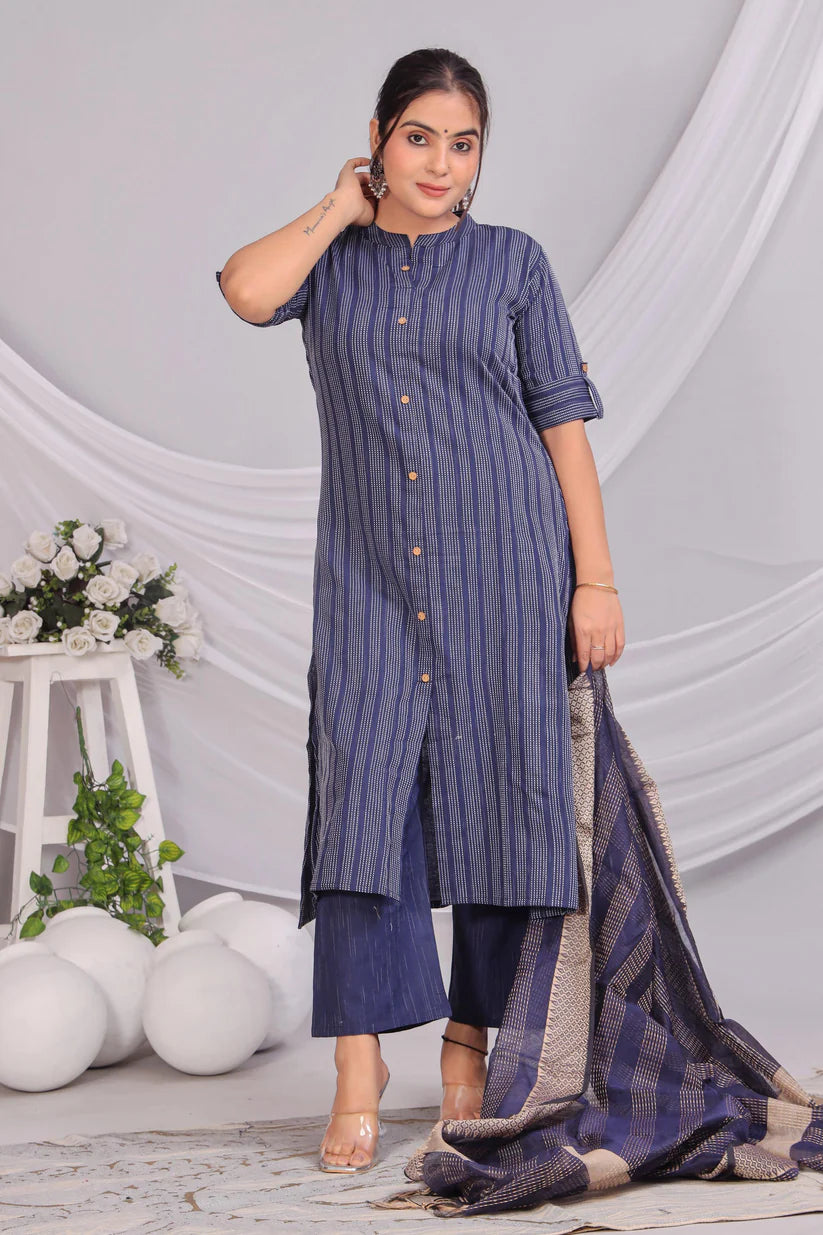 Blue Cotton Kurta Set with Woven Dupatta