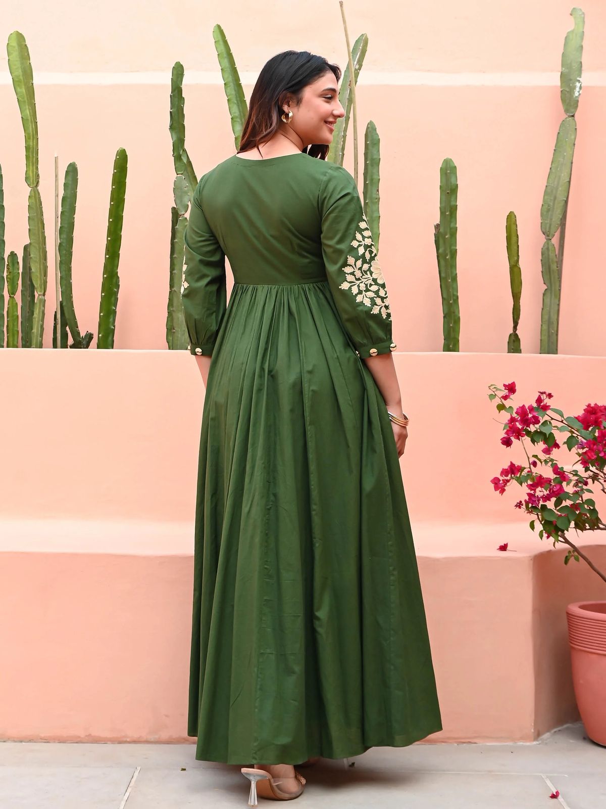 Mehira Dark Green Embroidered Cotton Gown