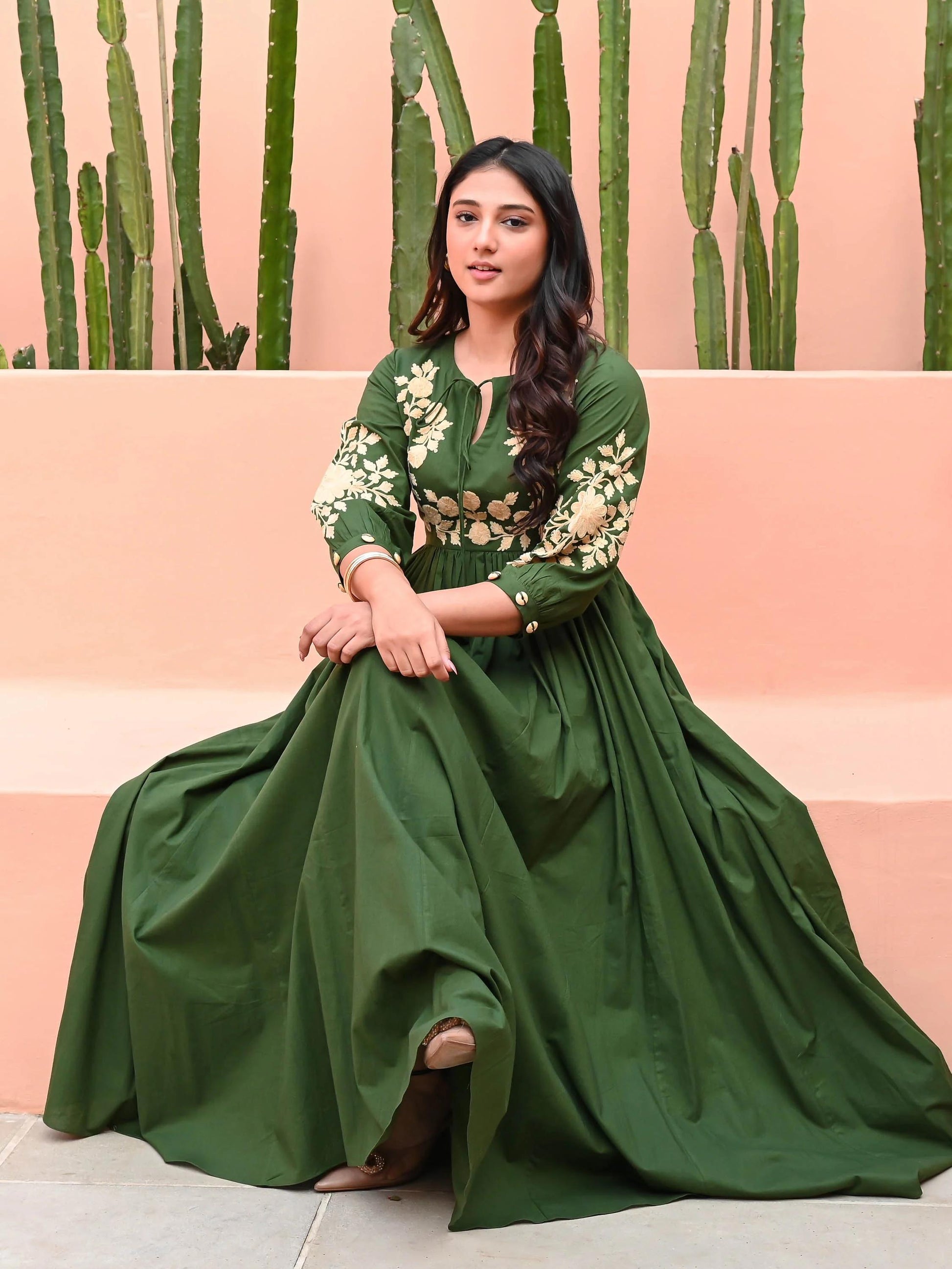 Mehira Dark Green Embroidered Cotton Gown