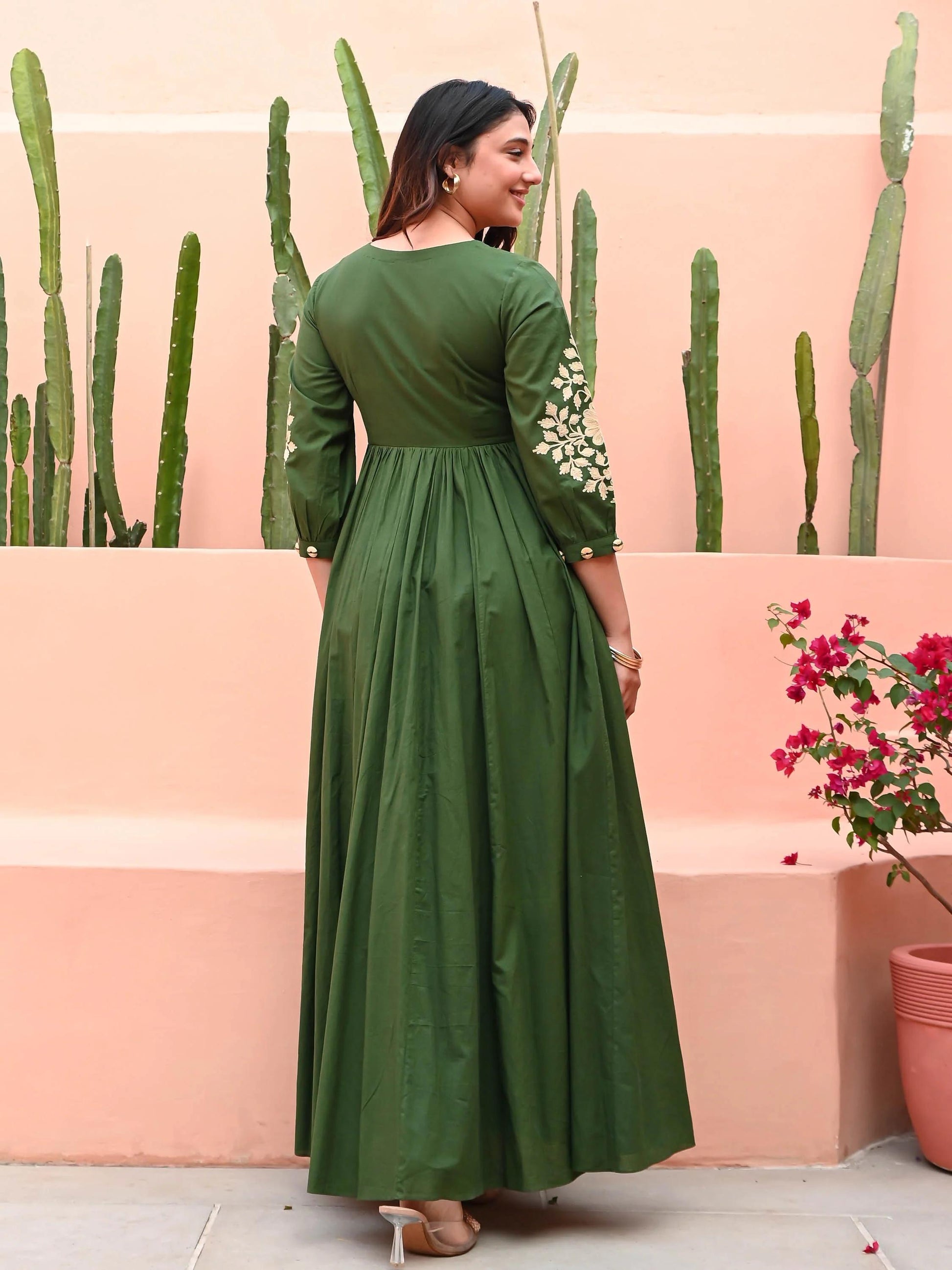 Mehira Dark Green Embroidered Cotton Gown