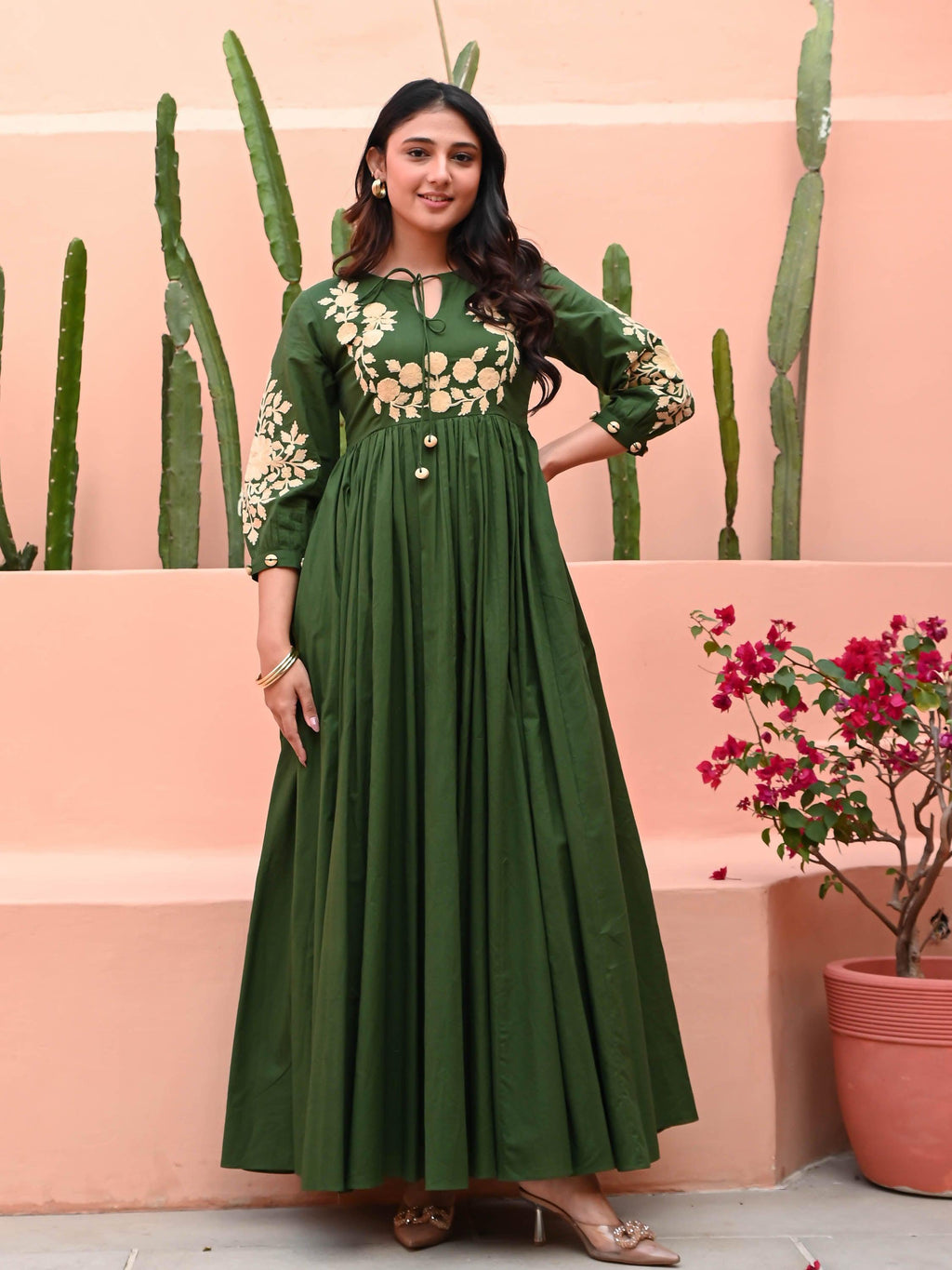 Mehira Dark Green Embroidered Cotton Gown