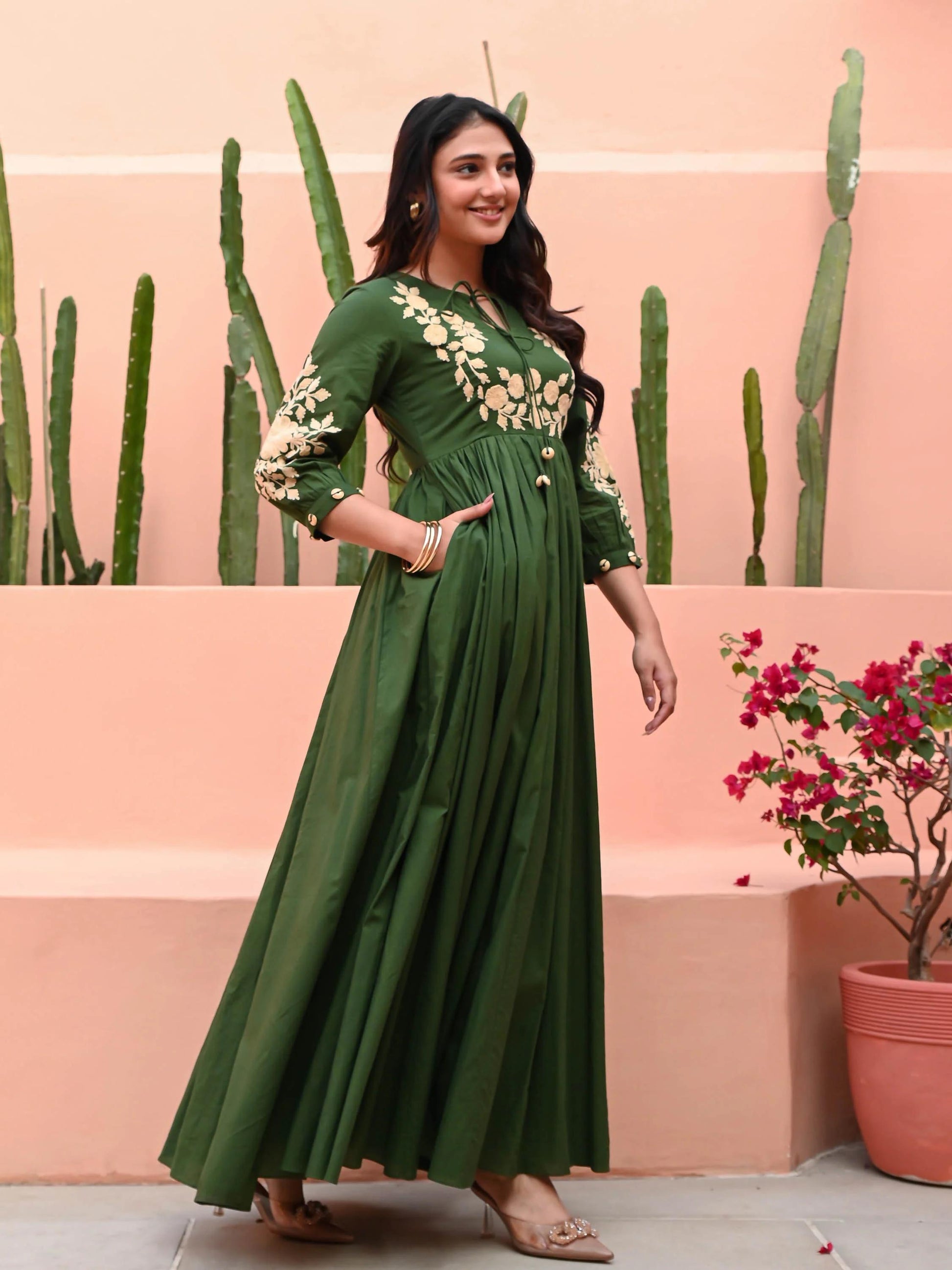 Mehira Dark Green Embroidered Cotton Gown
