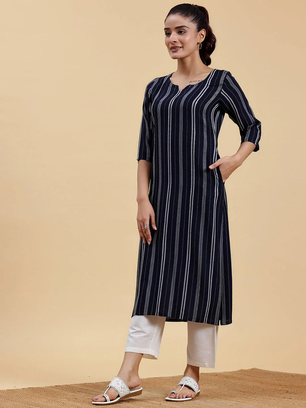 Myra Navy Woven Straight Kurta