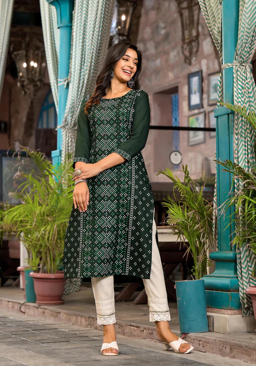 Aarvi Green Ethnic Motif Rayon Kurta