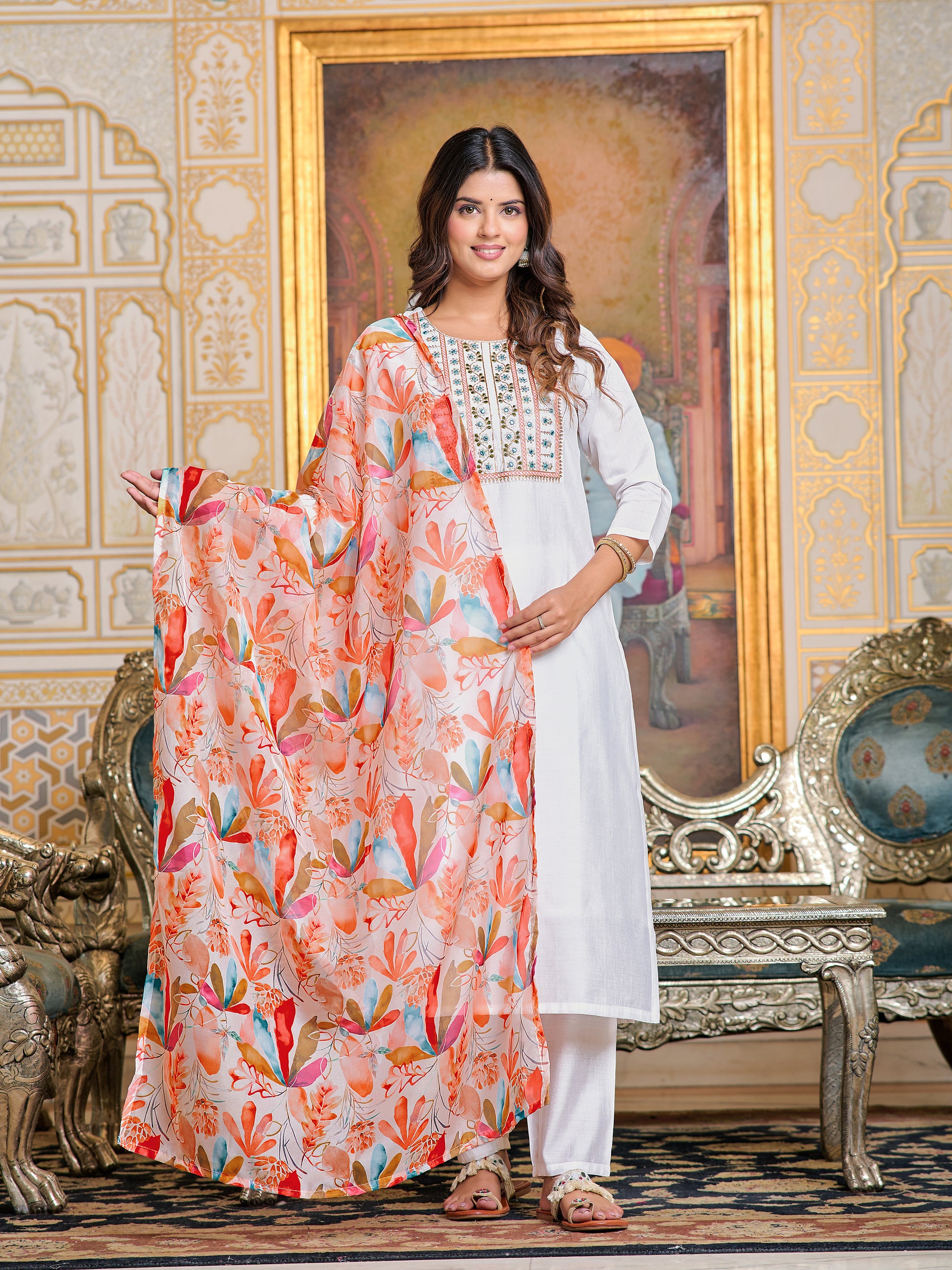 Chanderi Embroidered Kurta Set with Pant & Digital Print Dupatta