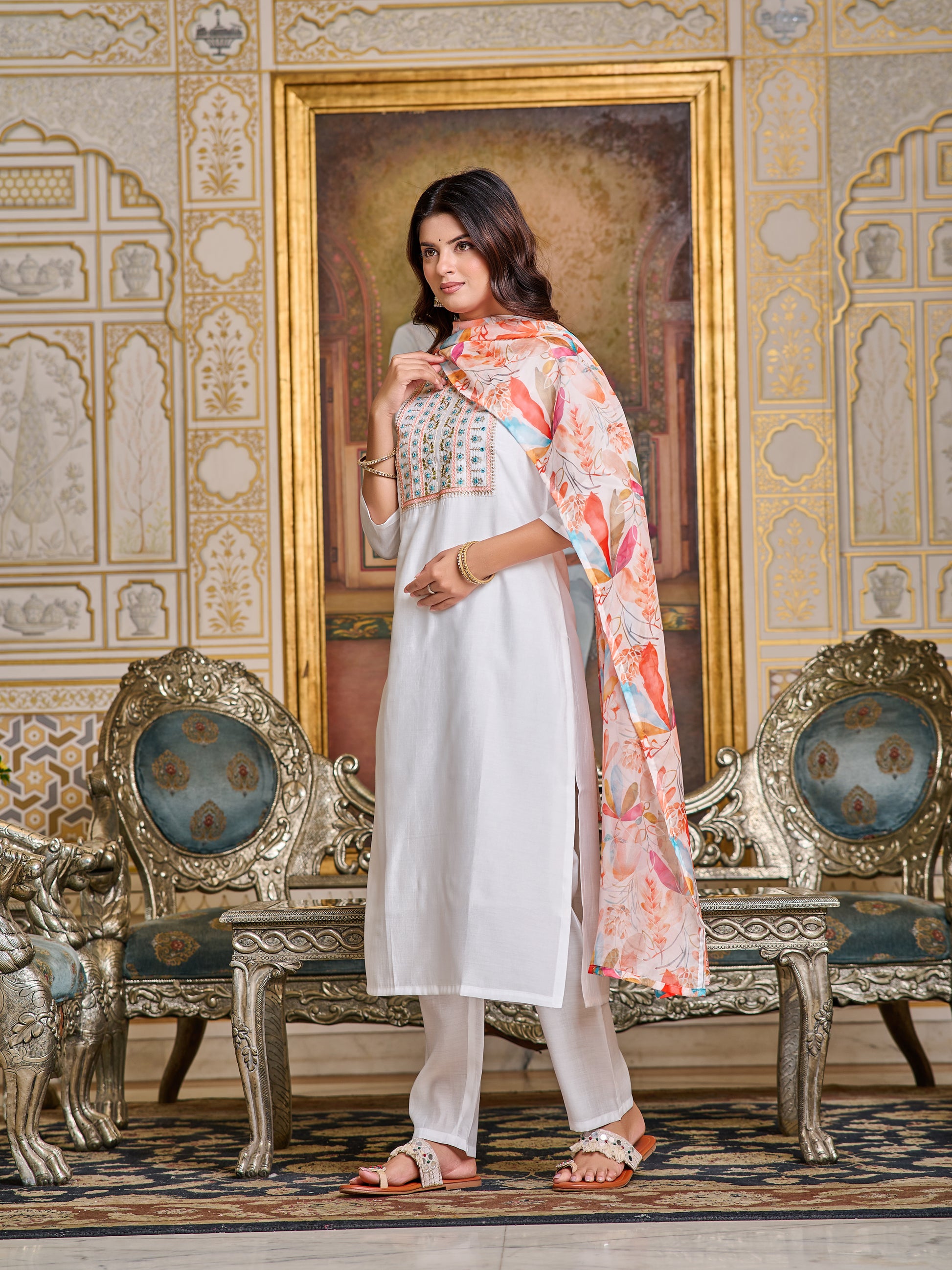 Chanderi Embroidered Kurta Set with Pant & Digital Print Dupatta
