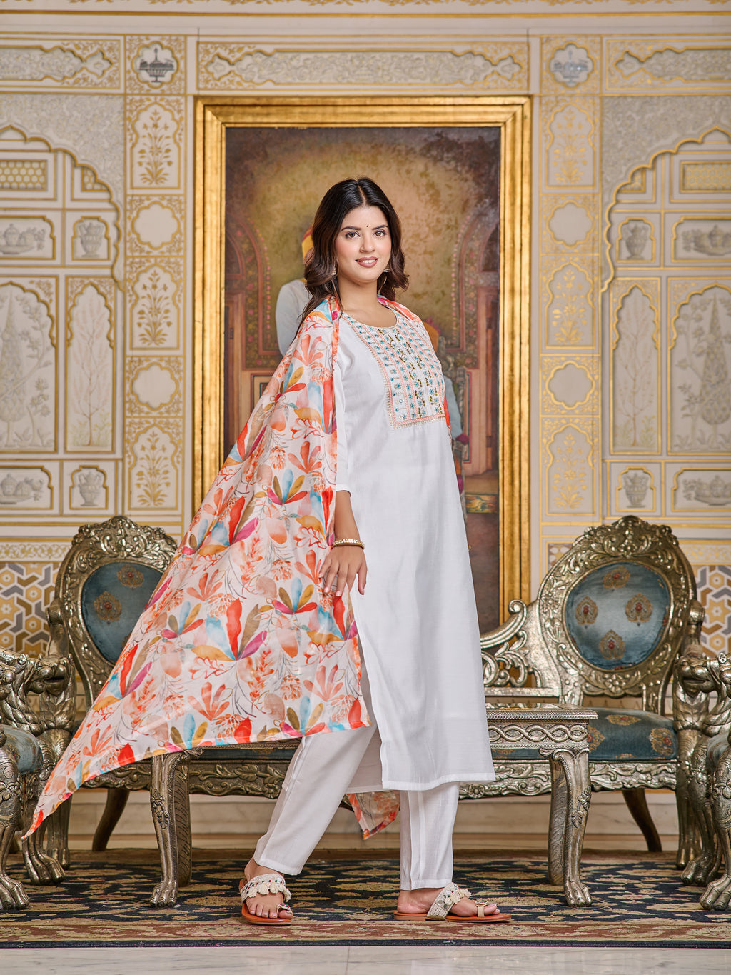 Chanderi Embroidered Kurta Set with Pant & Digital Print Dupatta