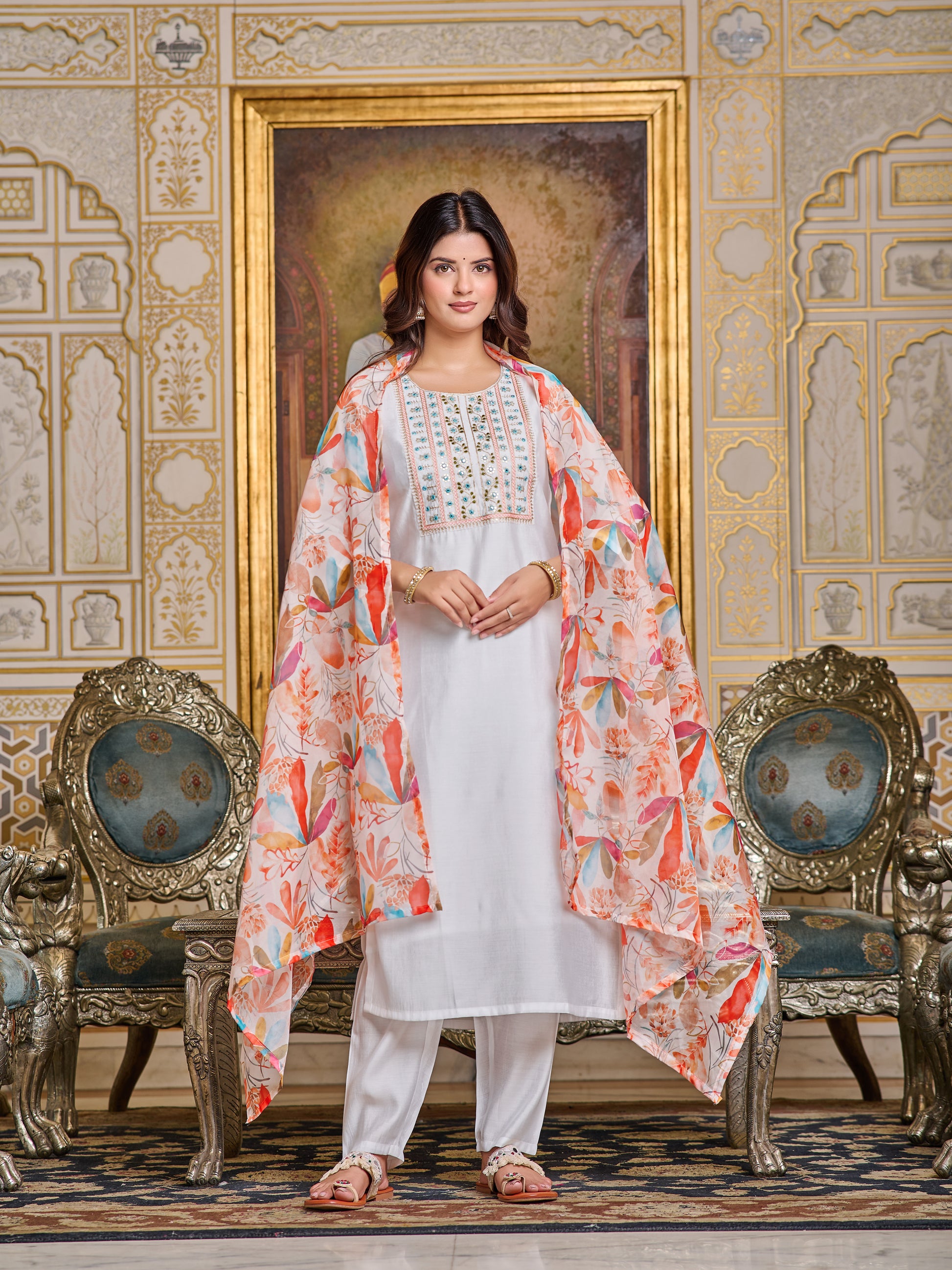 Chanderi Embroidered Kurta Set with Pant & Digital Print Dupatta