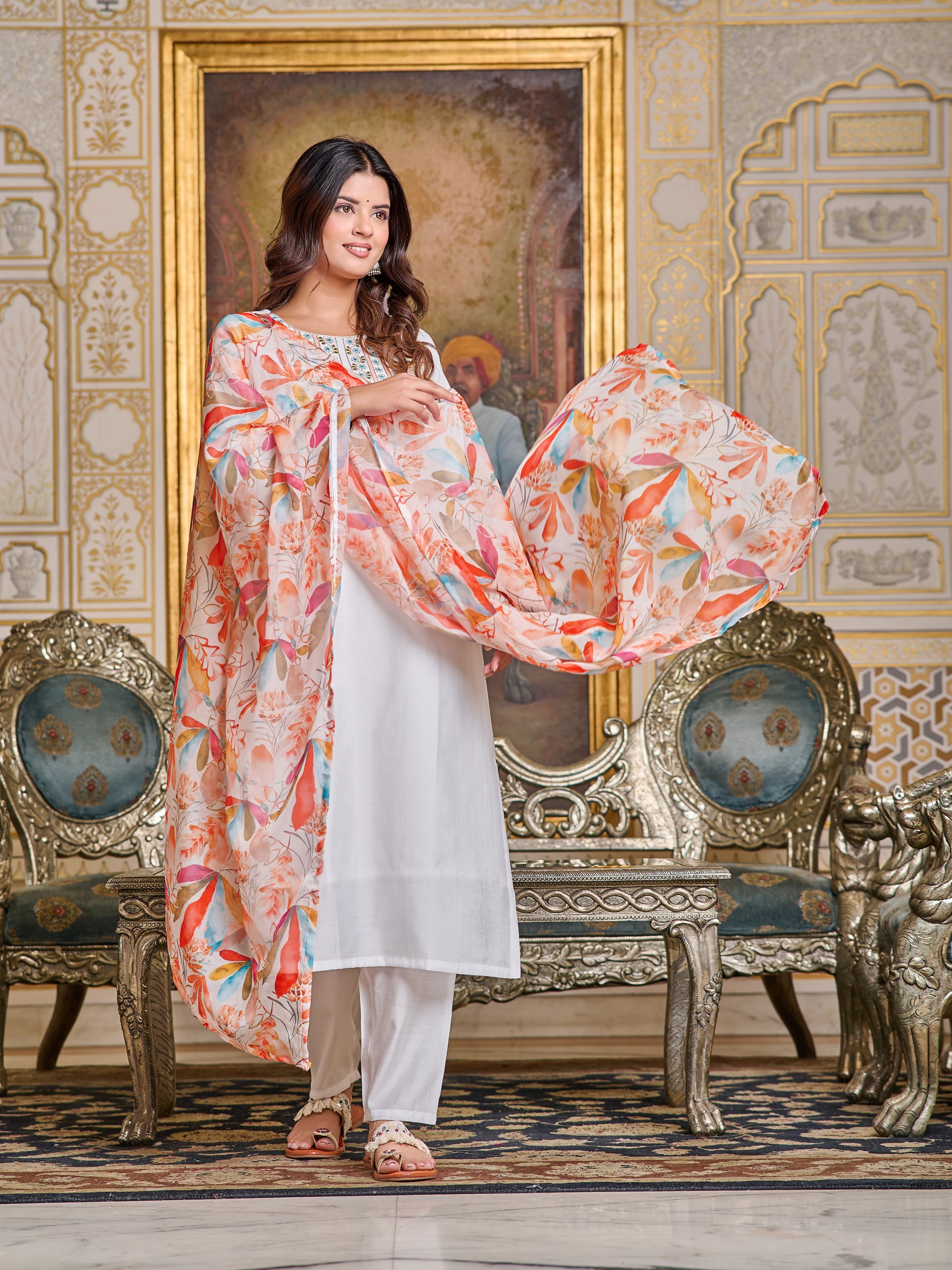 Chanderi Embroidered Kurta Set with Pant & Digital Print Dupatta