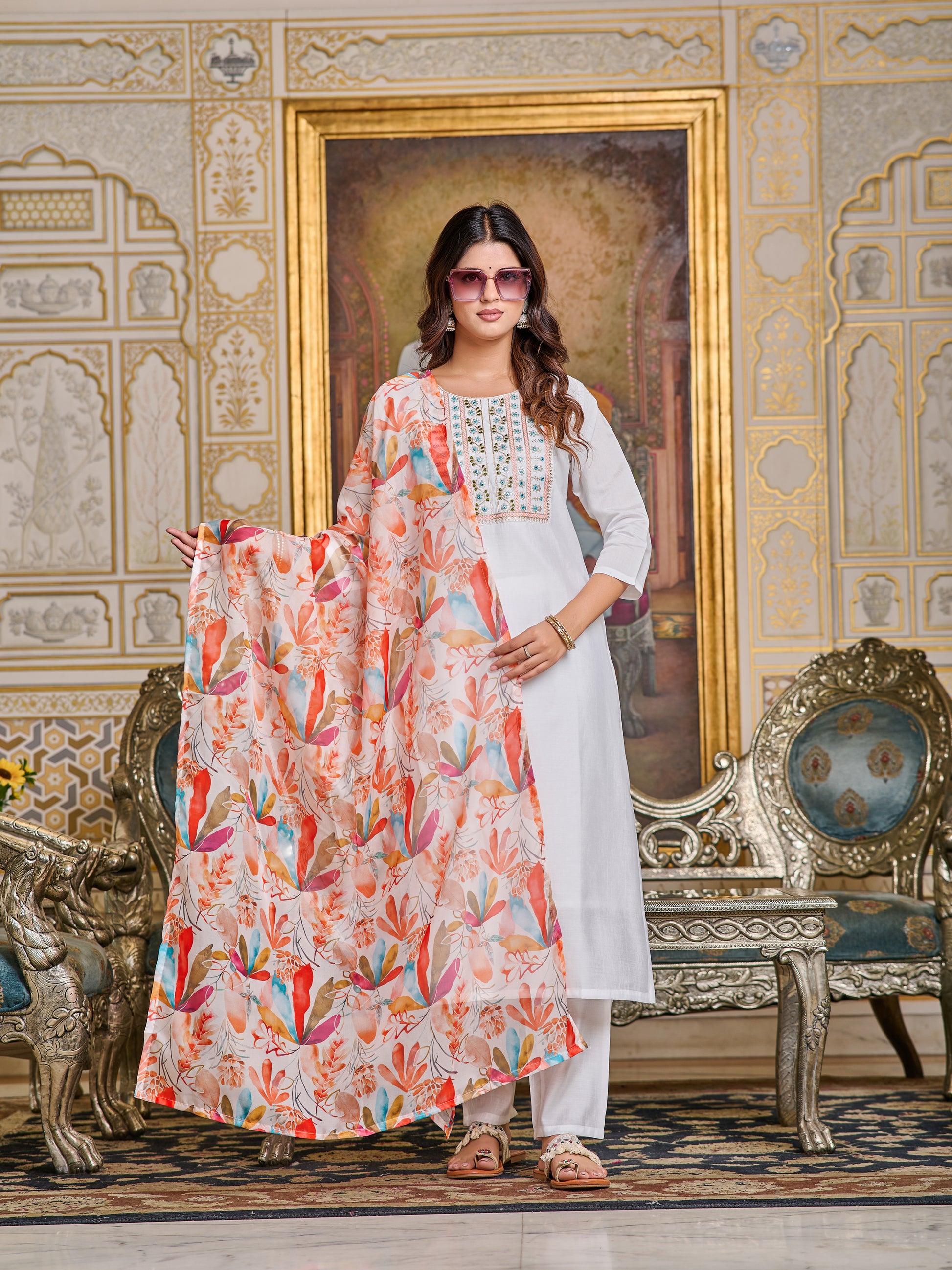 Chanderi Embroidered Kurta Set with Pant & Digital Print Dupatta