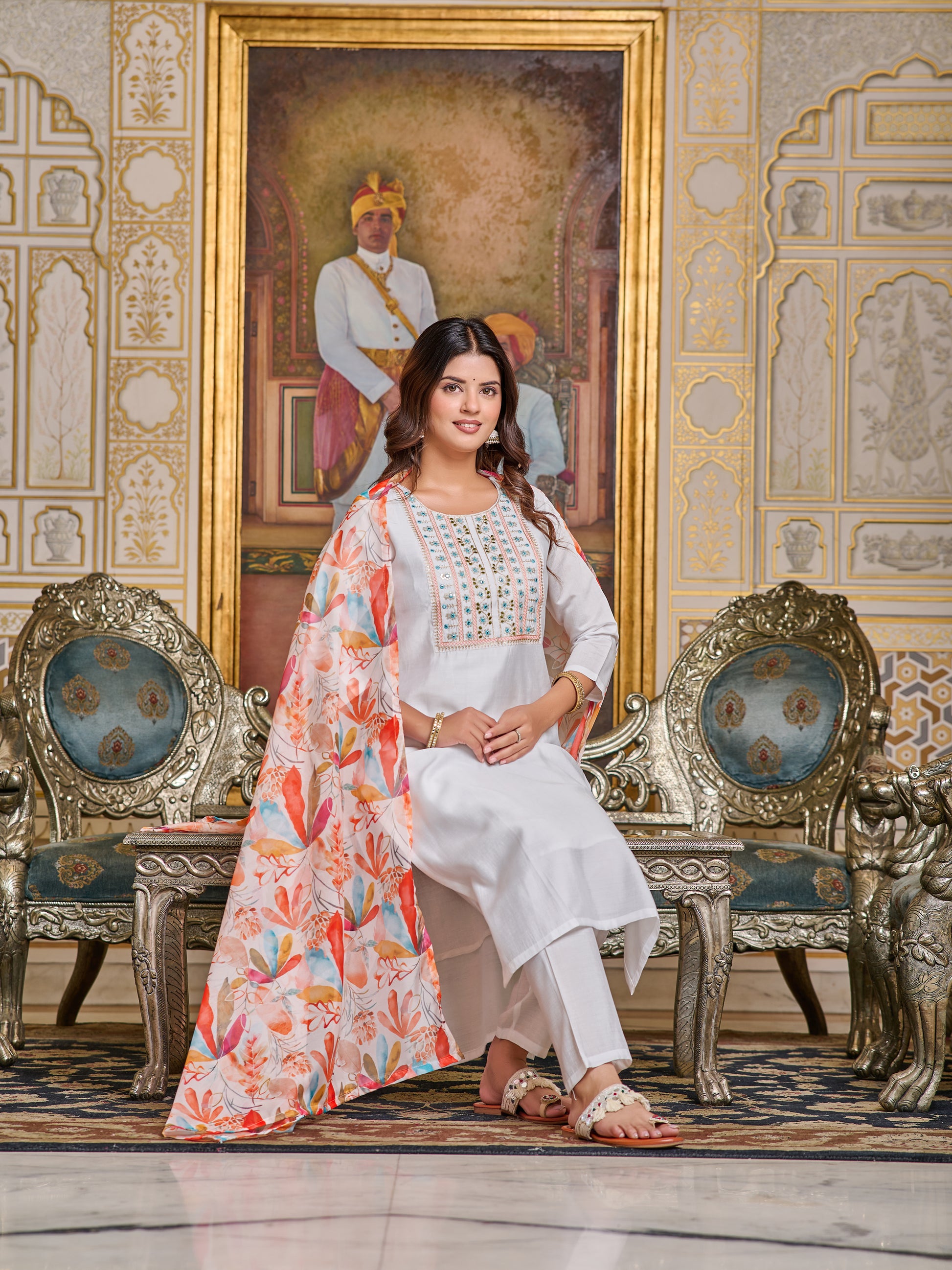 Chanderi Embroidered Kurta Set with Pant & Digital Print Dupatta